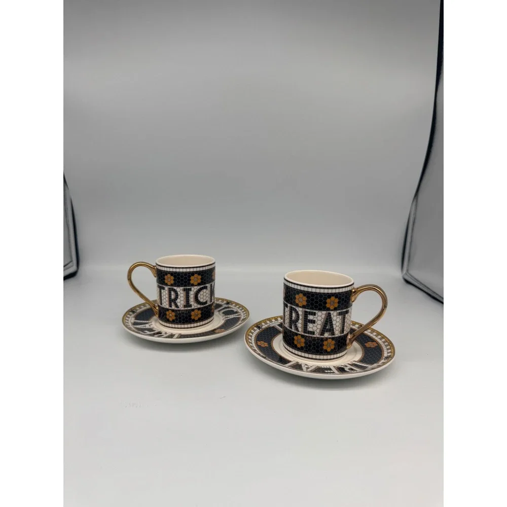 Anthropologie Bistro Tile Trick or Treat Espresso Cup and Saucer Set Halloween